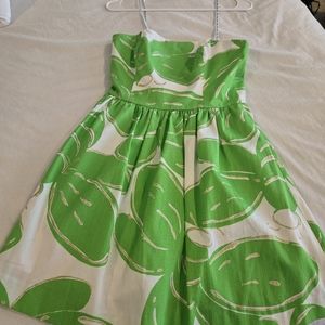 Lilly Pultzer Strapless Dress Sz 2 Green Gold White Pink Zipper Lined Pa…